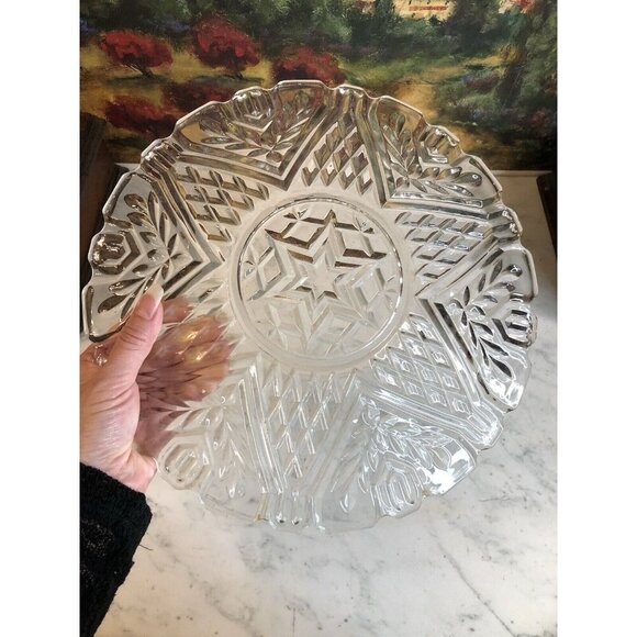 Round Serving Platter Dish Vintage Star Pattern Clear Cut Glass Rare Center Star - Picture 3 of 9